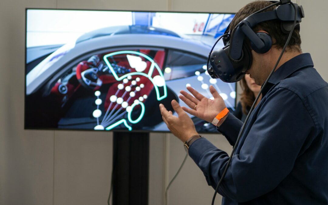 Man using a virtual reality headset with a car dashboard simulation displayed on the screen.